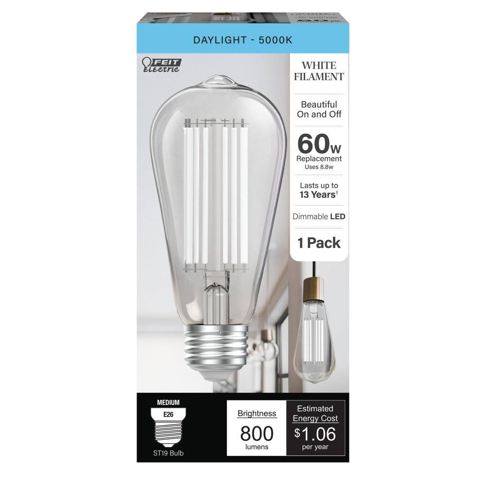 Feit Electric 60-Watt Equivalent ST19 Dimmable White Filament Clear Glass Vintage Edison LED Light Bulb Daylight 5000K ST1960950CAWFILHDRP