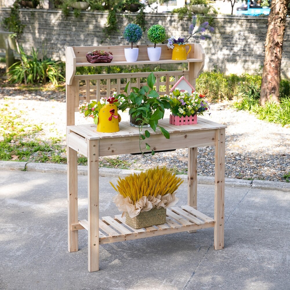 Outsunny 39'' x 18'' x 55'' Wood Garden Potting Work Table with Hidden Storage  Sink Basin    Below Clapboard