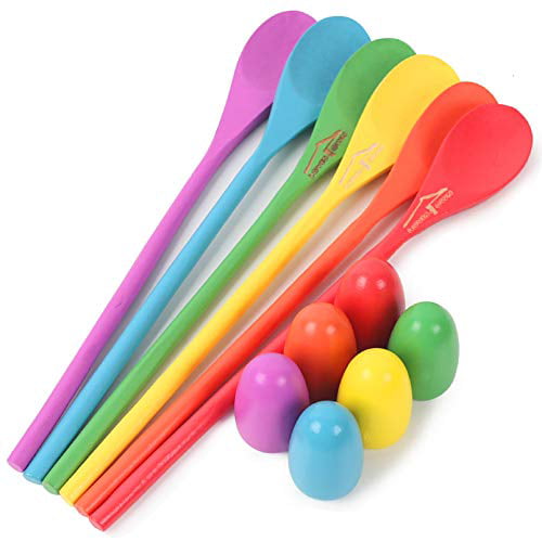 LovesTown 12 Pcs Egg Spoon Race Game Sets， Wooden Egg Balance Game Relay Race Games for Kids Easter Eggs Hunt Game Outdoor Lawn Games