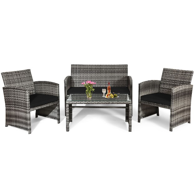 Tangkula 4 piece Outdoor Patio Furniture Set Rattan Wicker Conversation Sofa Set Black