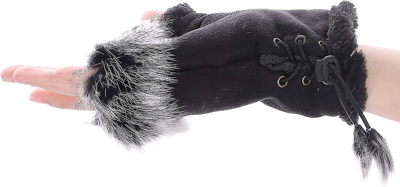 Womens Winter Faux Fur Leather Half Finger Gloves Fashion Warm Fingerless Mittens Fleece Lined Warmer Wrist Gloves Touchscreen Thicken Mittens With Ad