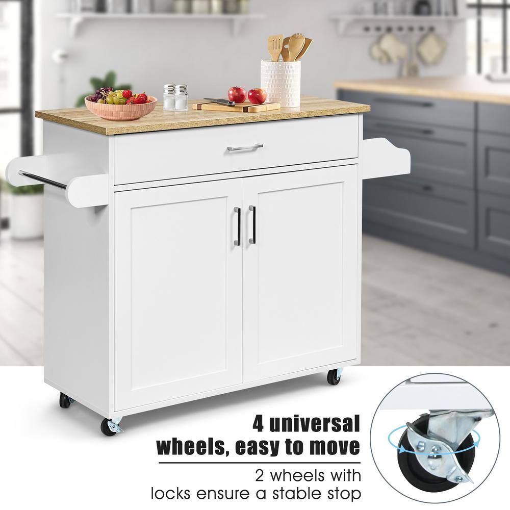 ANGELES HOME White Wood Top Small Rolling Kitchen Island Cart with Towel and Spice Rack Kitchen Island on Wheels M51-8KC983WH