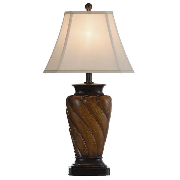 StyleCraft Toffee Wood Table Lamp - White Fabric Shade