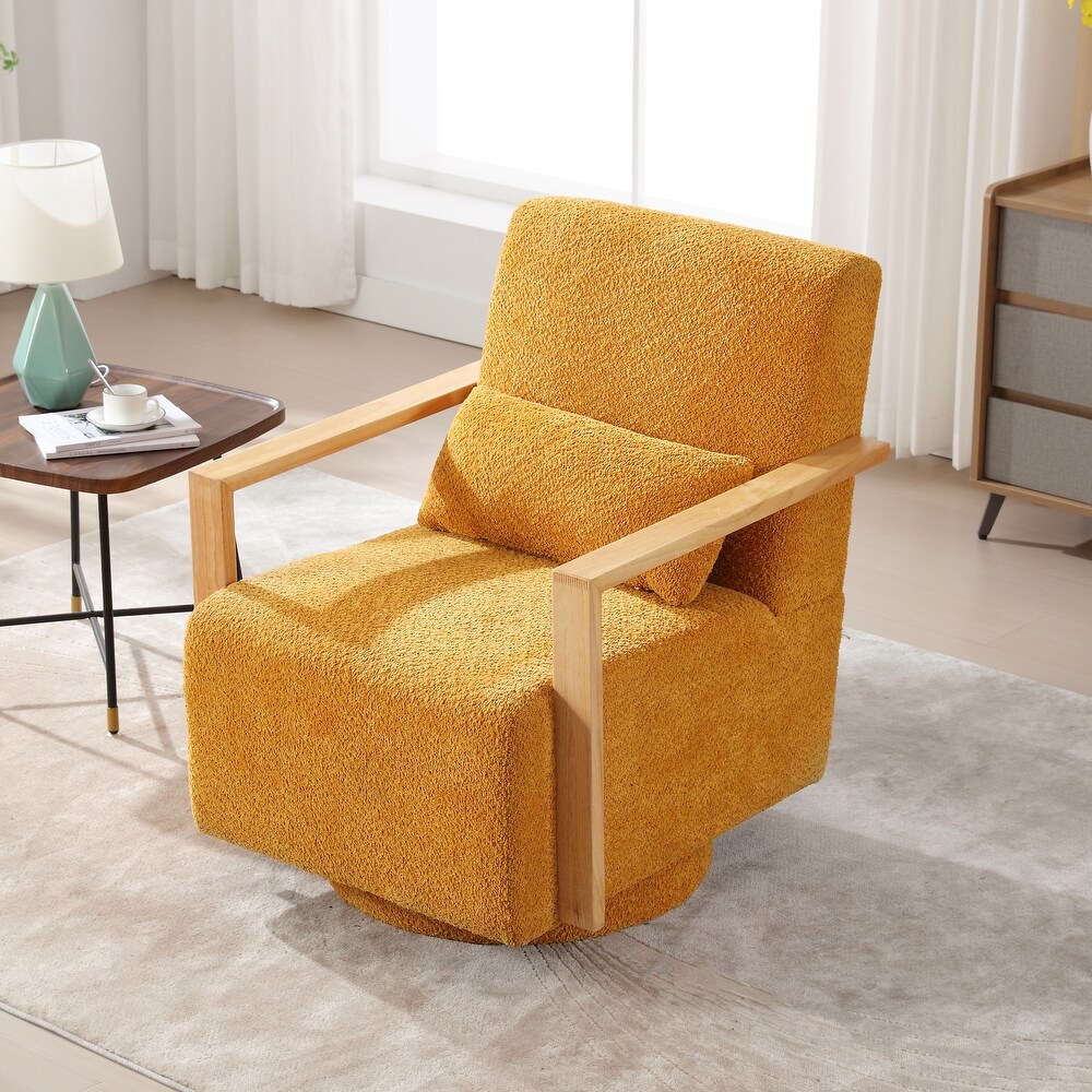 Mid Century Boucle Upholstered Swivel Armchair With Pillow