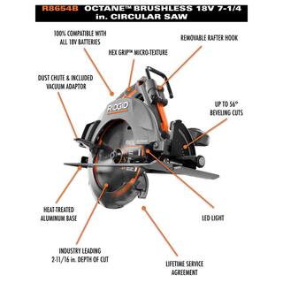 RIDGID 18V OCTANE Brushless Cordless 7-14 in. Circular Saw Kit with 18V Lithium-Ion 2.0 Ah Battery and Charger R8654B-AC9302