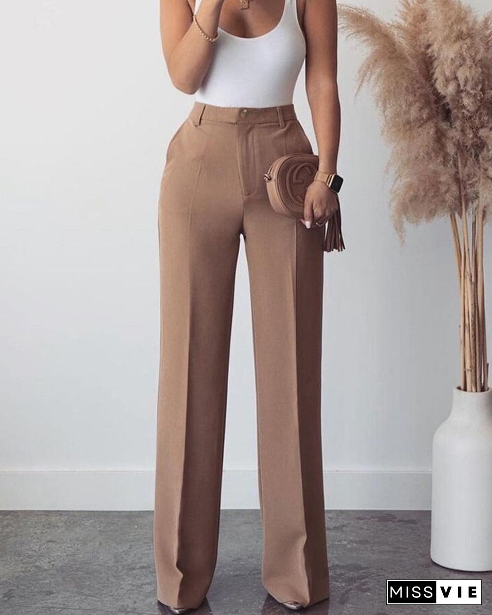 Solid Ribbed Tanks With Solid Loose Straight Leg Pants Suit Sets