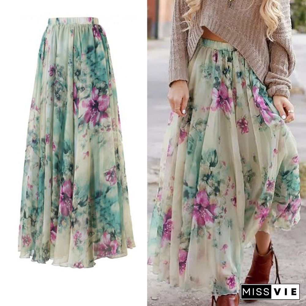 Women Floral Print Jersey Gypsy Long Maxi Skirt Summer Beach Sundress Beach