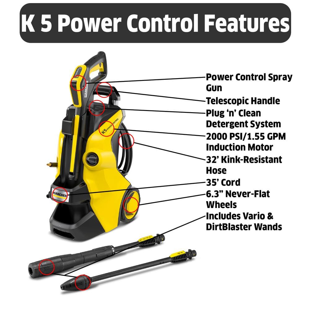 Karcher 2000 PSI 155 GPM K 5 Power Control Cold Water Electric Induction Pressure Washer Plus Vario and DirtBlaster Spray Wands