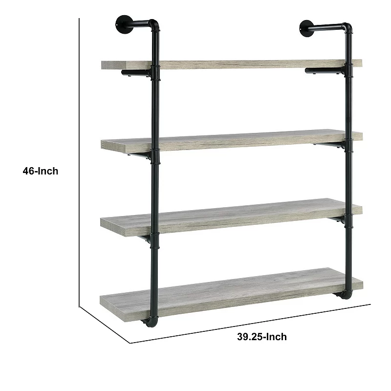 46 Inch 4 Tier Metal and Wooden Wall Shelf， Black and Gray