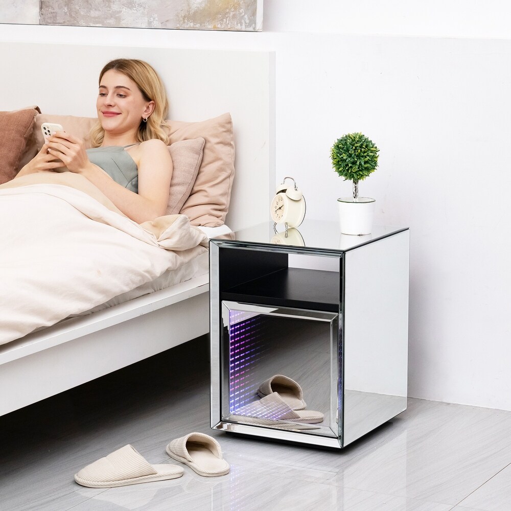 Mirrored Nightstand with Drawer and Shelf  Smart LED Bedside Table End Table for Bedroom Sofa Side Table Coffee Table