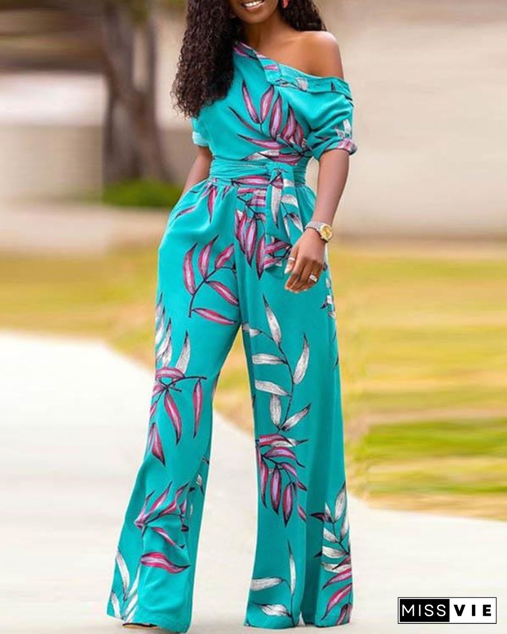 Elegant Oblique Shoulder Bandage Floral Wide Leg Jumpsuit