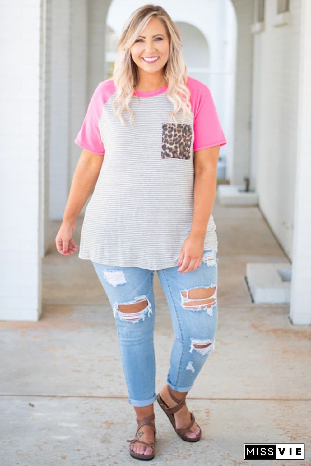 Stripe Leopard Patch Pocket Plus Size Raglan Sleeve Tee