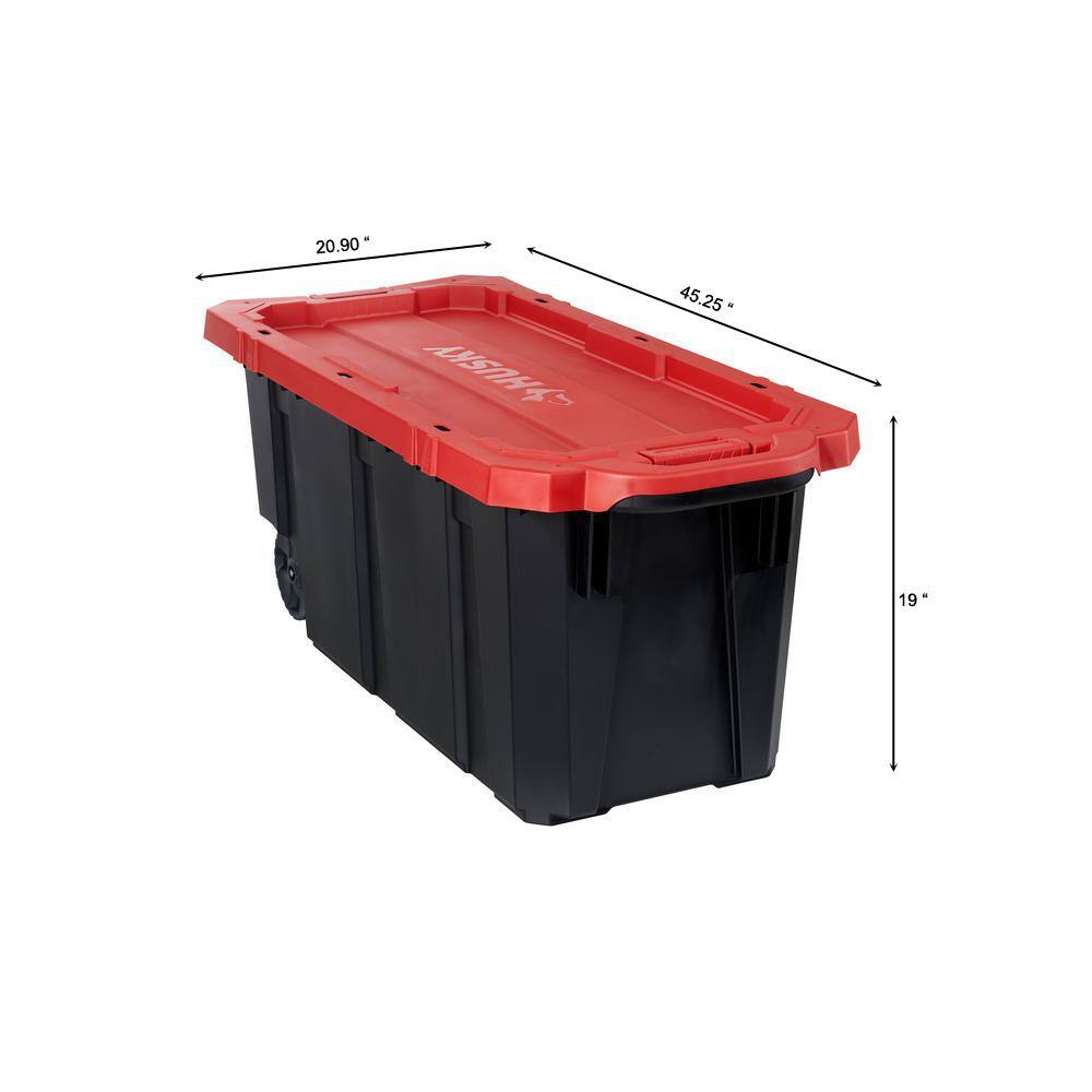 Husky 45 Gal. Latch and Stack Tote with Wheels in Black with Red Lid 206201