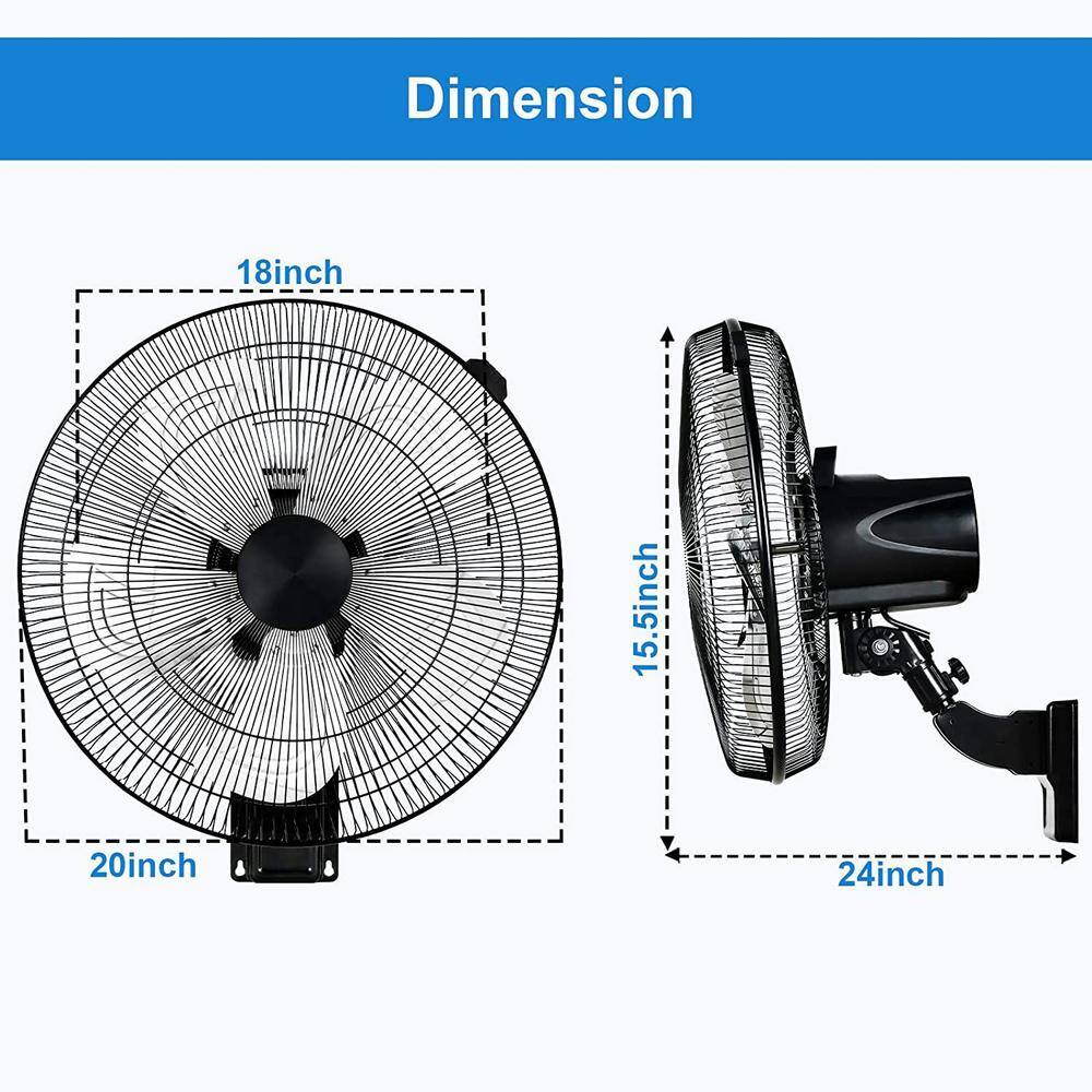 Tidoin 20 in. Black 5-Speed Round High Velocity Air Movement Mounted Wall Fan with 90 Degree Horizontal Oscillation (2-Pack) DHS-YDW1-0452