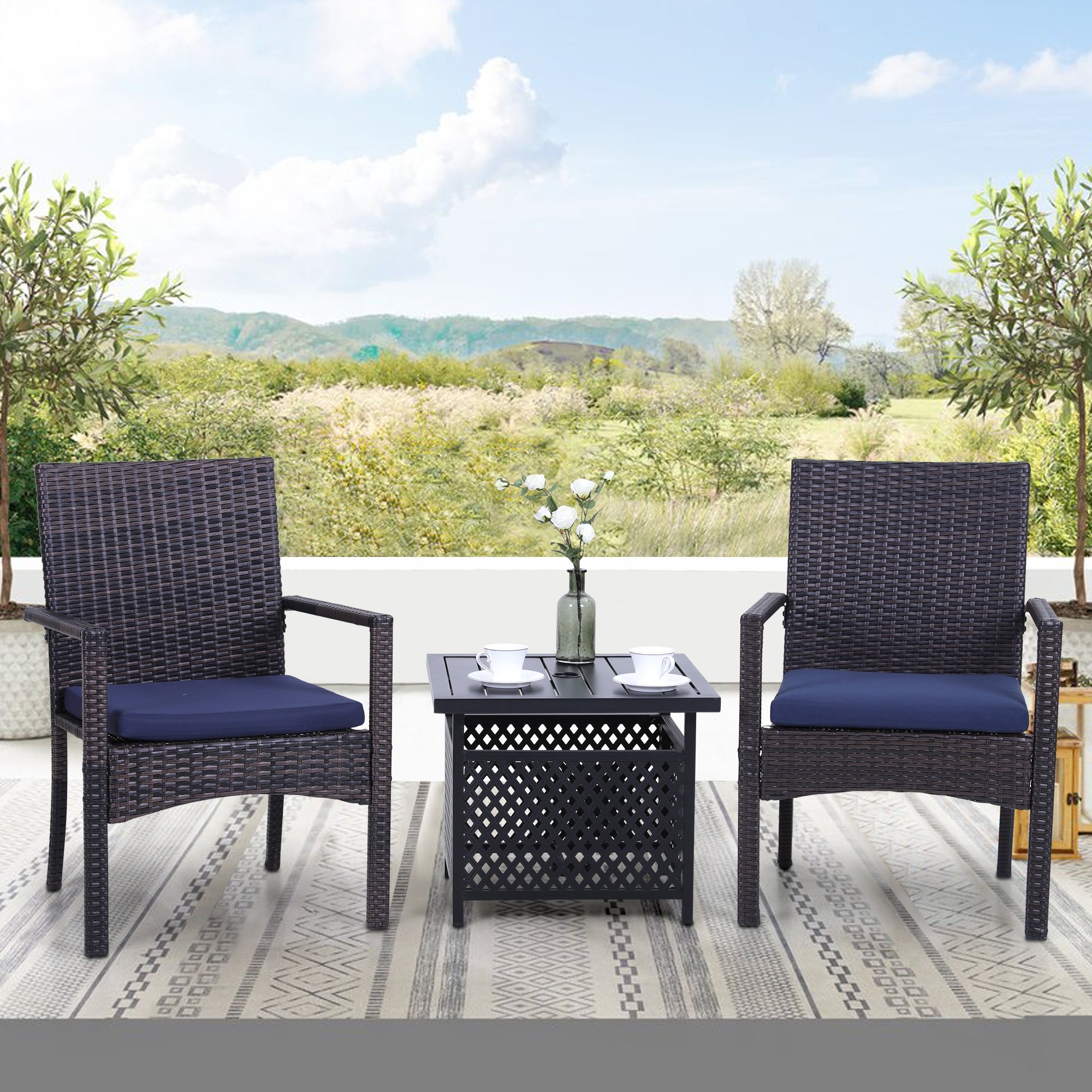 3-piece Patio Bistro Set， Rattan Chairs and Metal Side Table with Umbrella Hole - Overstock - 32355552