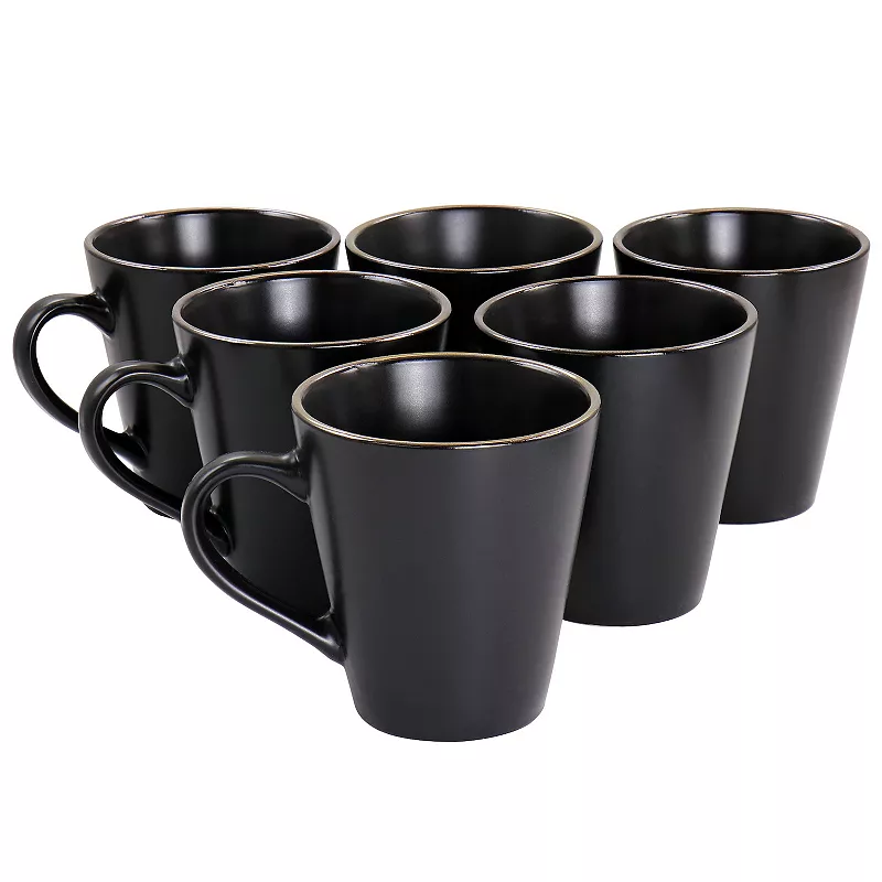 Elama Paul 6 Piece Stoneware Mug Set in Matte Black with Gold Rim