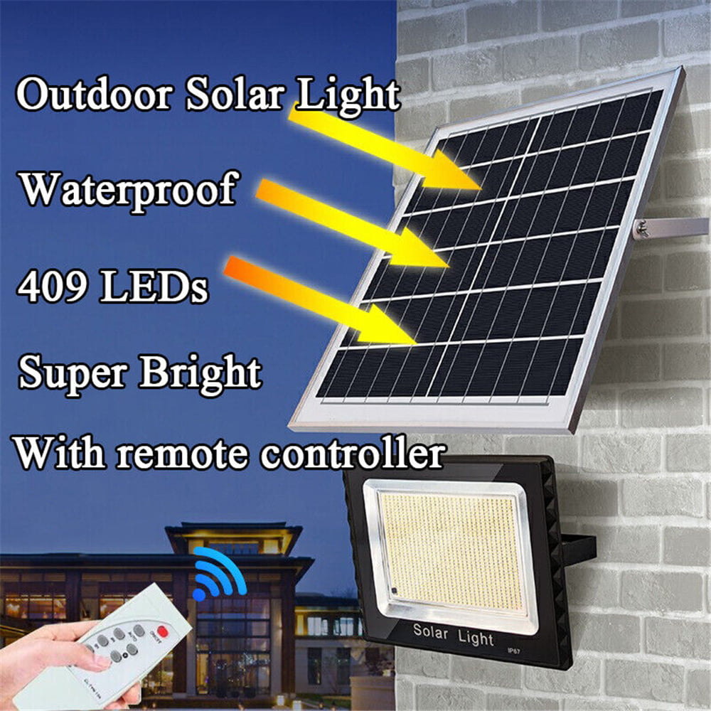 Solar Powered Lights Outdoor， 409 LED Light IP65 Waterproof whit Light Control + Remote Control，Auto Dusk to Dawn Adjustable Solar Security Lights for Barn， Garden， Garage， Pathway， Yard， Patio， Lawn