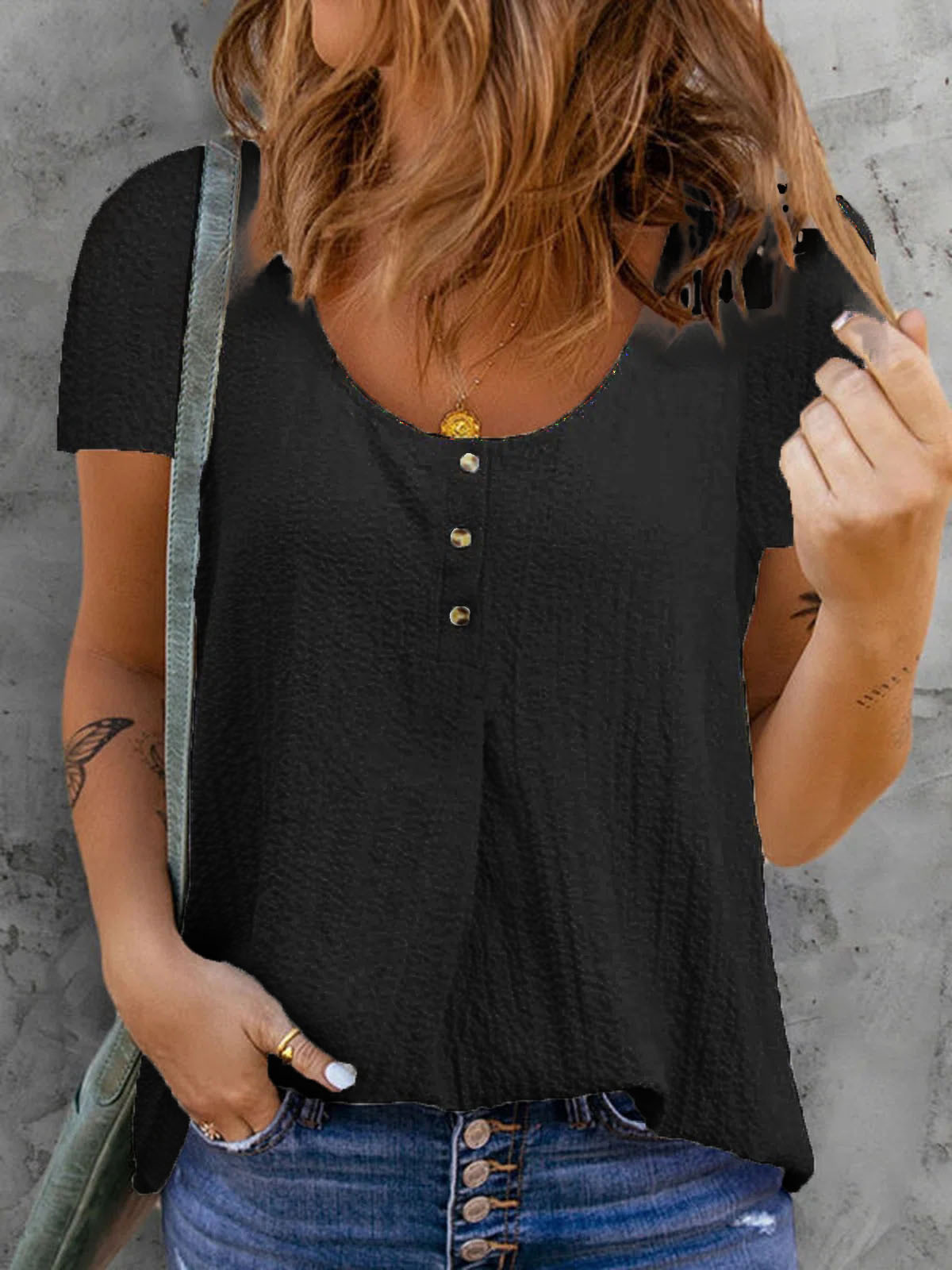 Round Neck Casual Loose Solid Color Short-sleeved Blouse