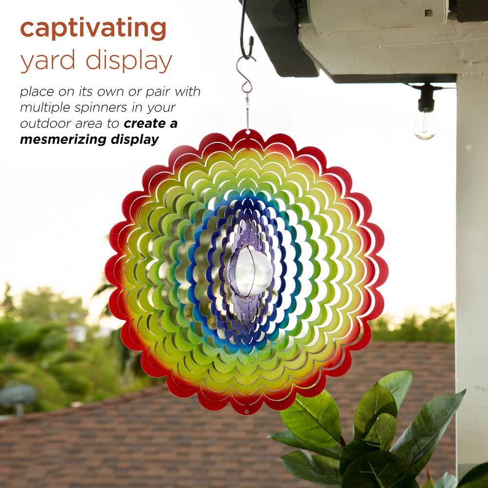 Alpine Corporation 12 in. Round Outdoor Hanging Rainbow Flower Metal Planet Wind Spinner with Clear Glass Ball IFF234