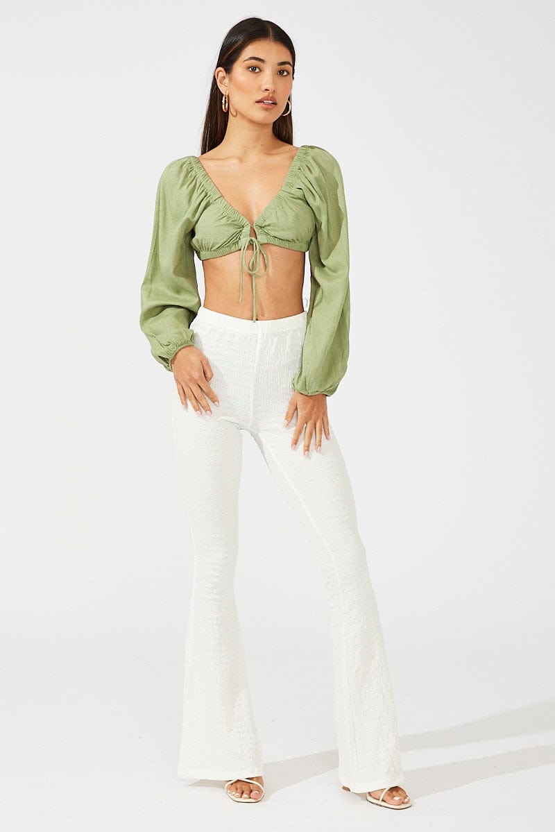 White Flare Leg Pants Textured Jersey