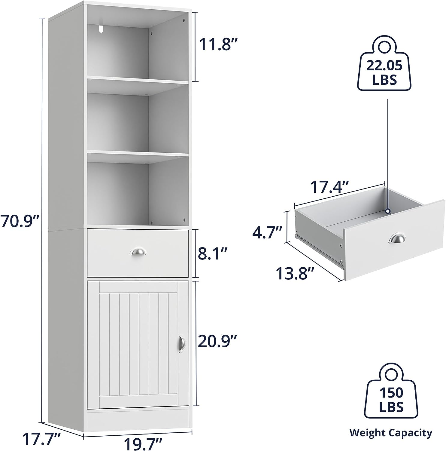 3-Tier Freestanding Tall Bookcase with Door and Drawer, Narrow Bookshelf Display Cabinet