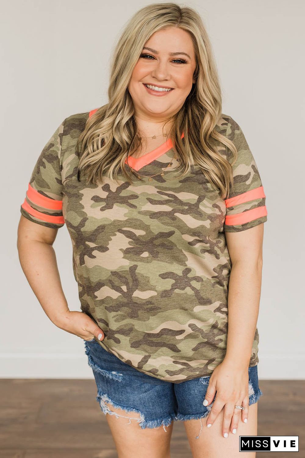 Camo Striped Print V Neck Plus Size Top