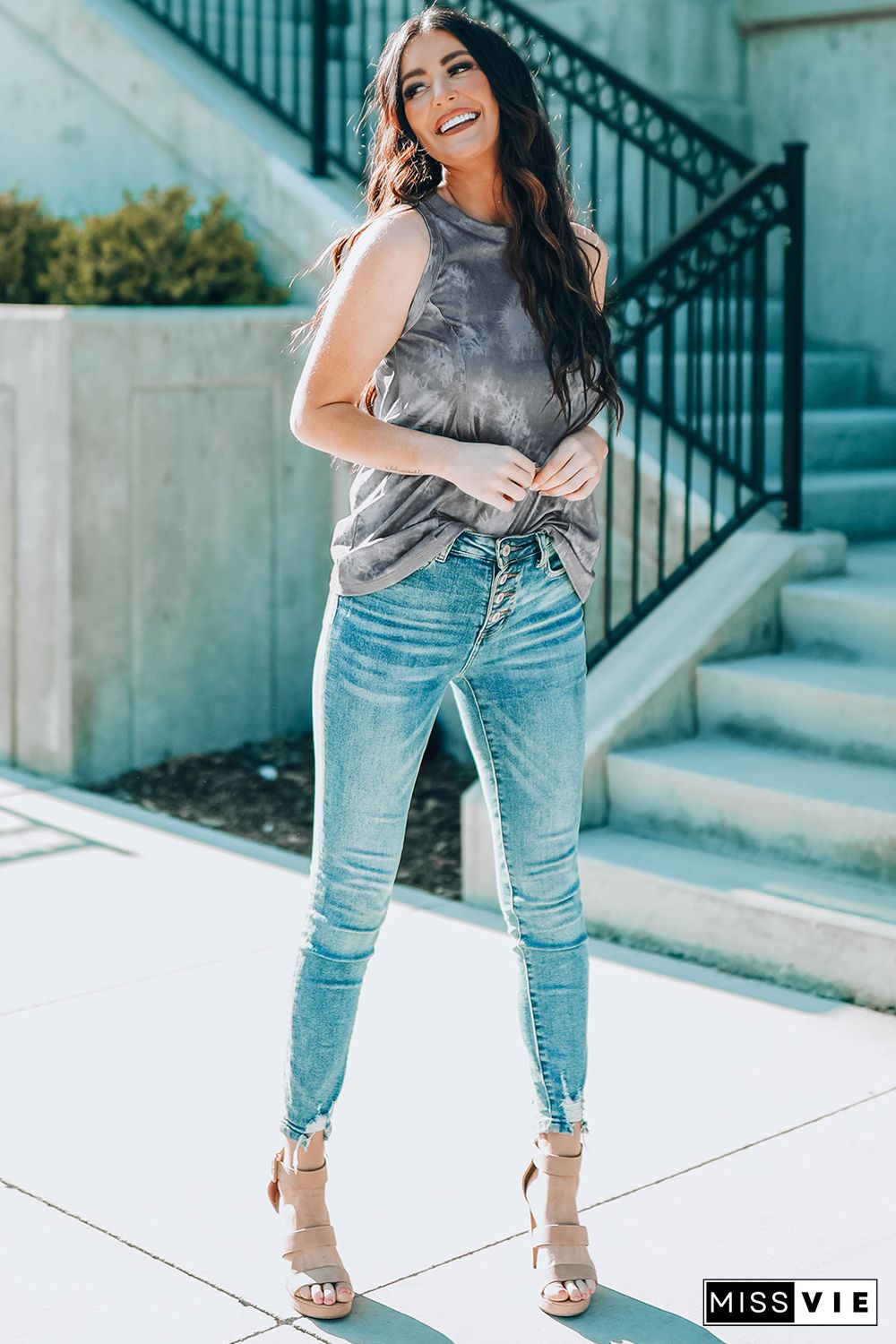 Gray Tie Dye Print Seamed Crew Neck Tank Top