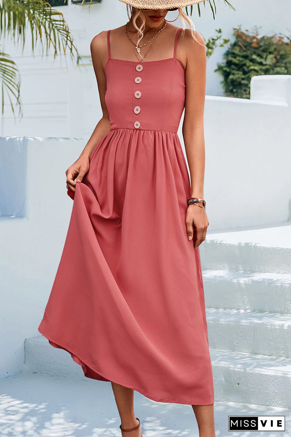 Sleeveless Buttoned Spaghetti Long Dress