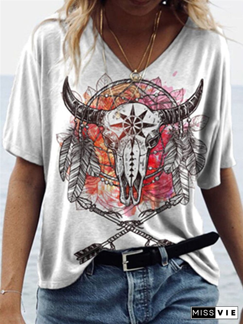 Women's Graphic Printed Short Sleeve V-neck T-shirt