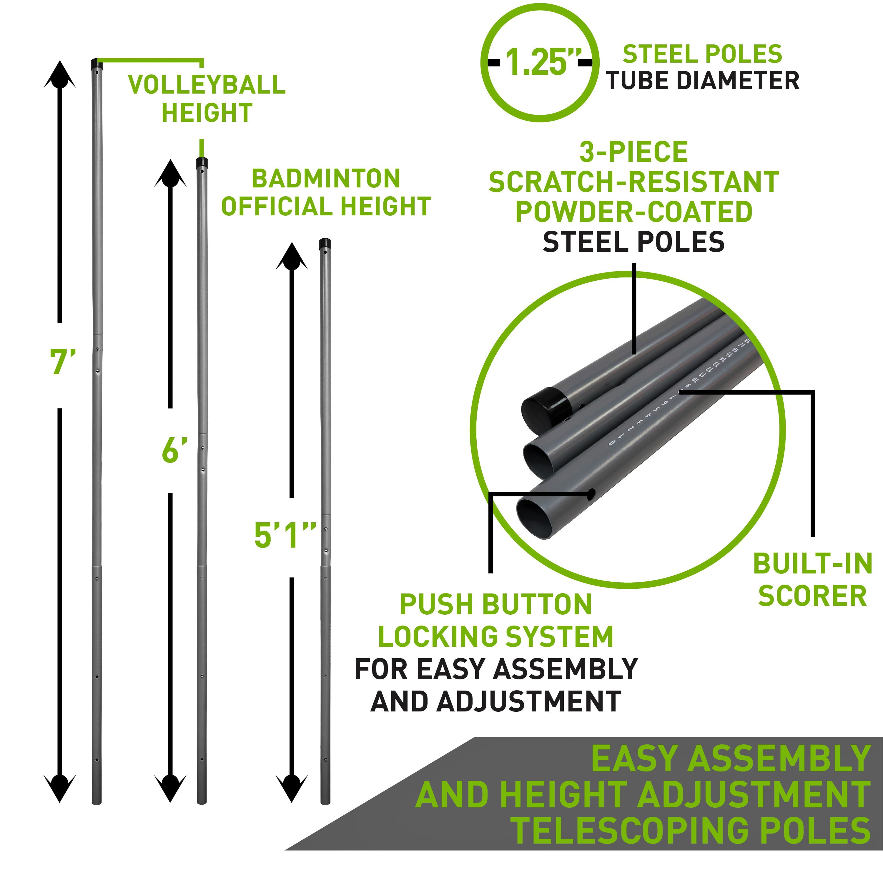 Dunlop Steel Pole Volleyball & Badminton Combo Set, Lawn Game, Green/Black