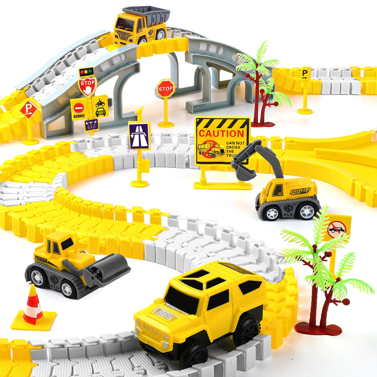 BBLIKE 255 PCS Construction Race Tracks for Kids Toys， 2 Electric Cars， 4 Construction Cars， Flexible DIY Track Set， Engineering Gifts for 3 4 5 6 Year Old Boys Girls