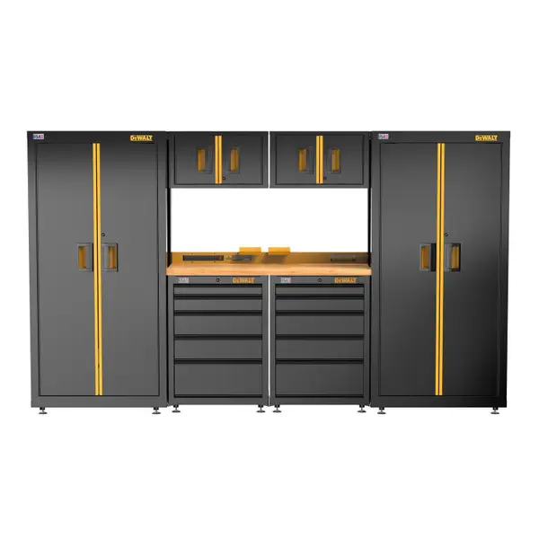 DEWALT 126 Wide， 7 Piece Welded Storage Suite with 2， 5-Drawer Base Cabinets and Wood Top