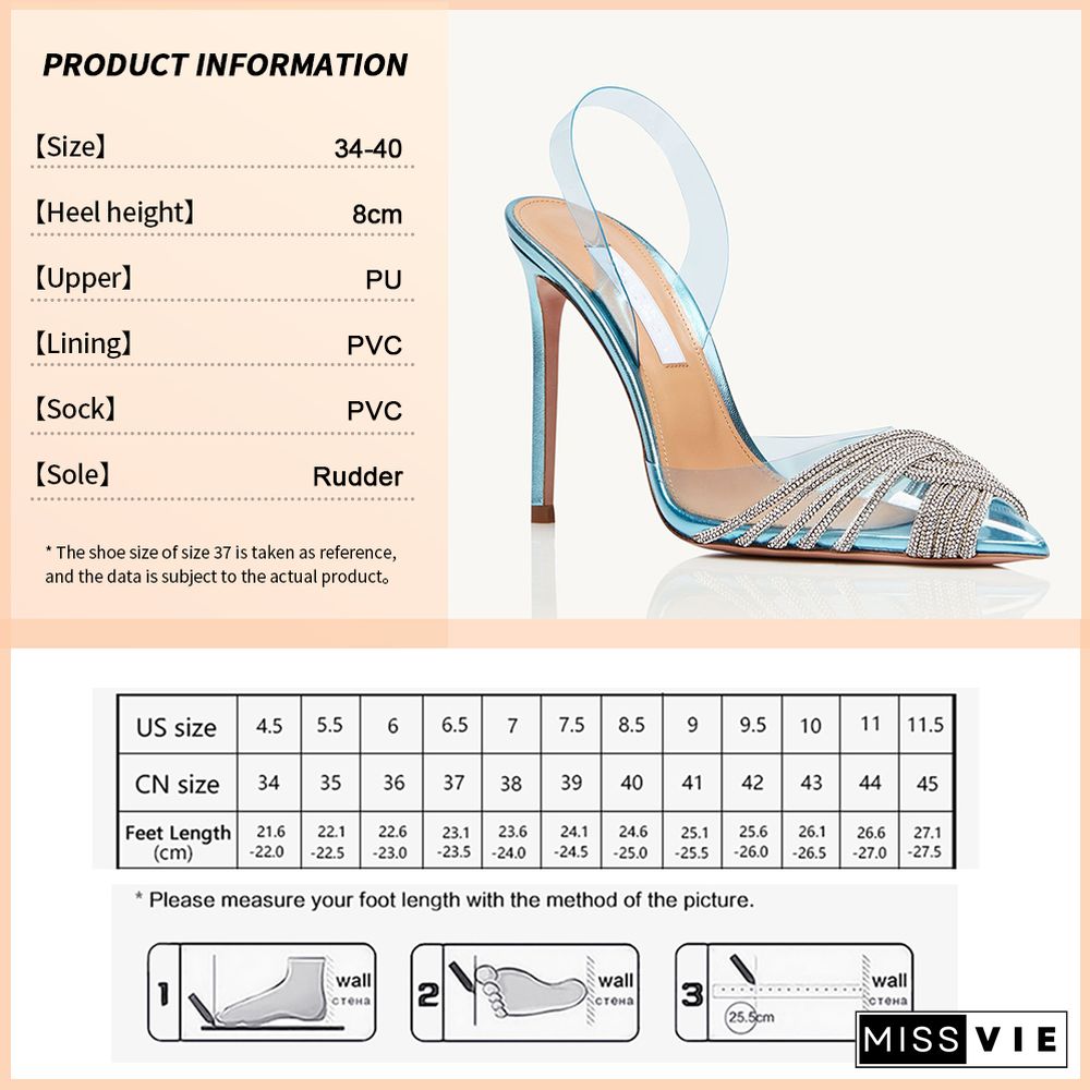 New Fashion Women Pumps Sandals Summer Sexy High Heels Rhinestones Elegant Pointed Toe Transparent PVC Party Shoes