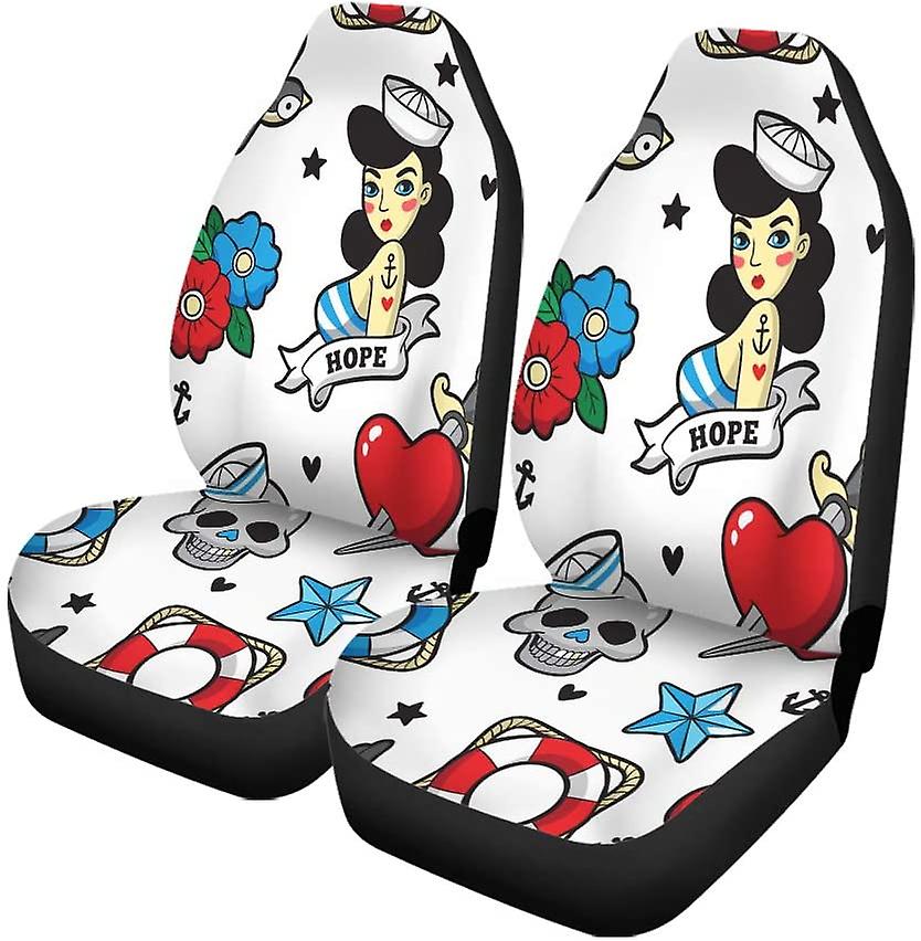 Set Of 2 Car Seat Covers Lifebuoy Woman Skull Universal Auto Front Seats Protector Fits For Car，suv Sedan，truck