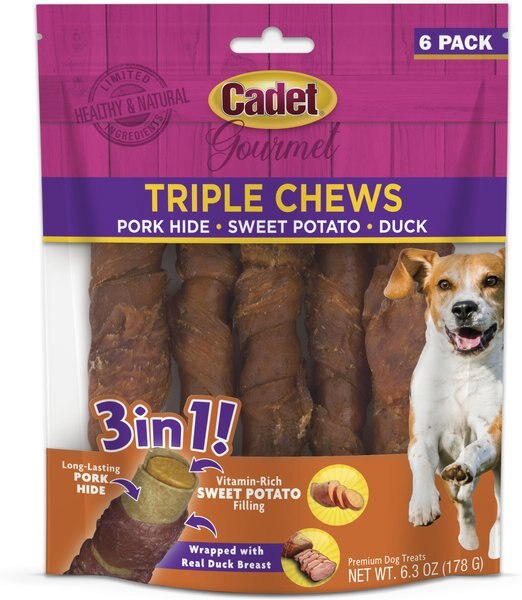 Cadet Gourmet Triple Chews Sweet Potato， Duck， and Pork Hide Twists Dog Treats， 6 count