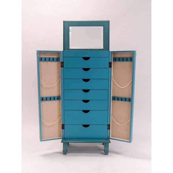 Vintage Turquoise Hand Painted Jewelry Armoire with Antique Drawer Pulls - 13.8 x 19 x 40 inches - - 37152595