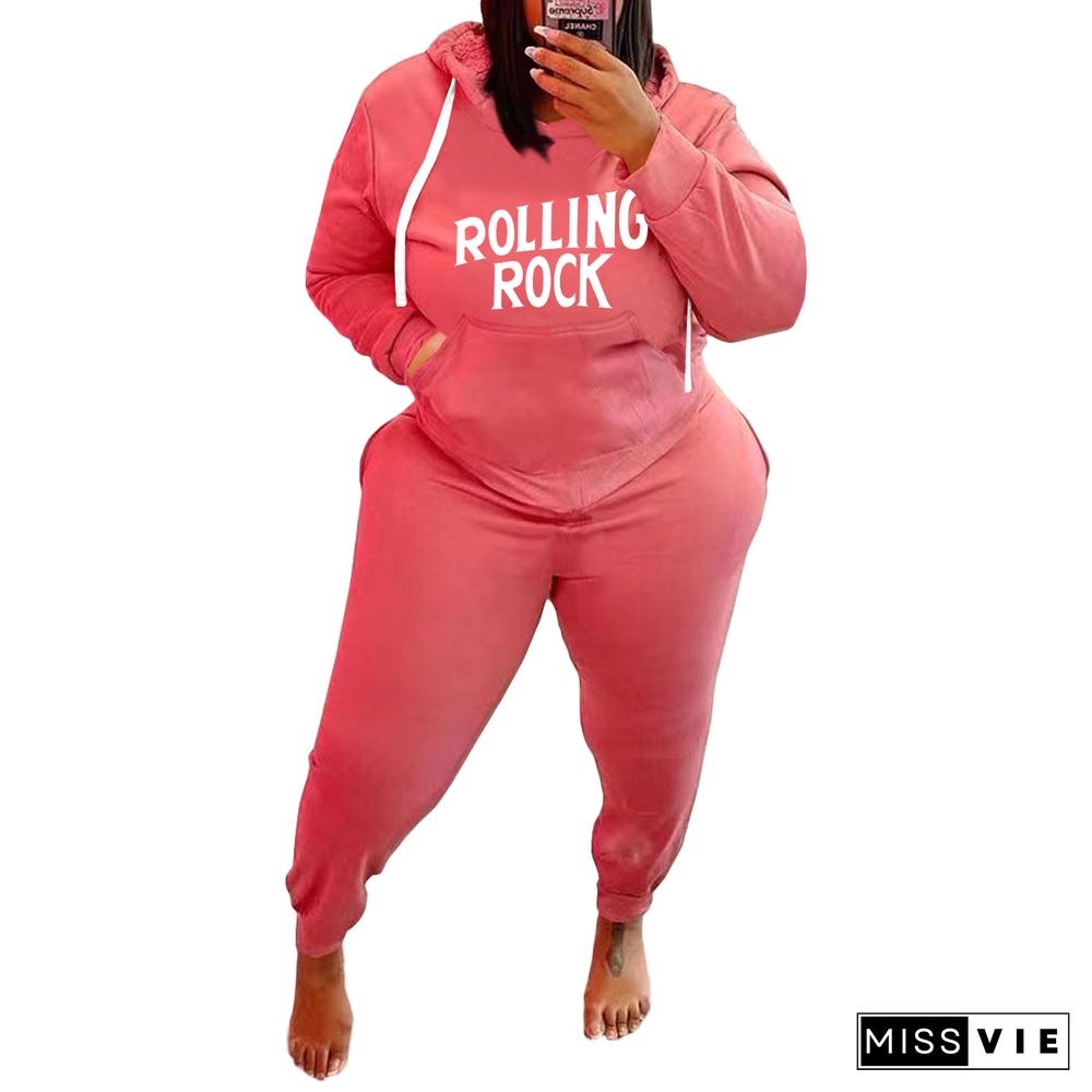 Plus Size Letter Print Hooded Sweatshirt And Pants Suit