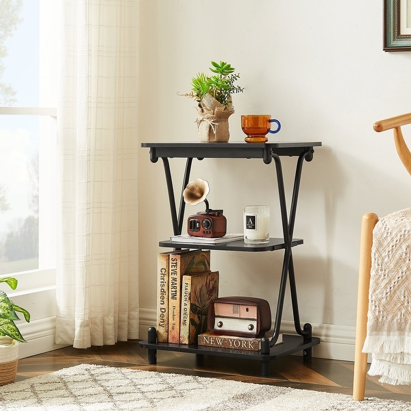 Modern 3-Tier Bedside/End Table with Storage Shelf， X-Shaped Design Nightstand and Sofa Side End Table