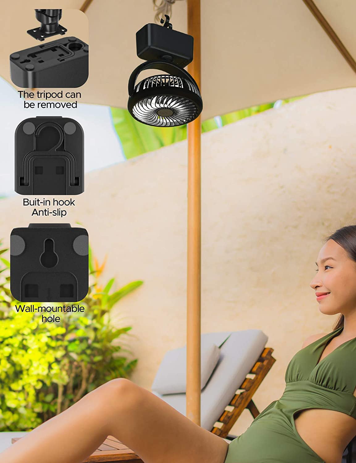 Baby Stroller Oscillating Fan with LED Light, 5000mAh Rechargeable Battery Operated Small Camping Tent Fan 3 Speed with Hidden Hook Detachable Flexible Tripod & Diffuser Holder