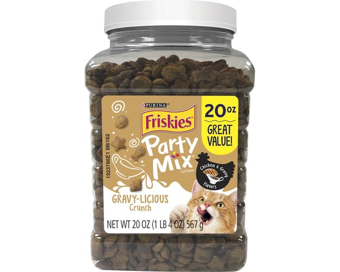 Purina Friskies Party Mix Gravylicious Crunch Chicken and Gravy Flavors， 20 oz. Canister