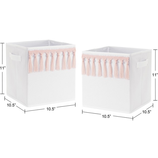 Sweet Jojo Designs Girl Set Of 2 Kids x27 Decorative Fabric Storage Bins Boho Fringe White And Pink