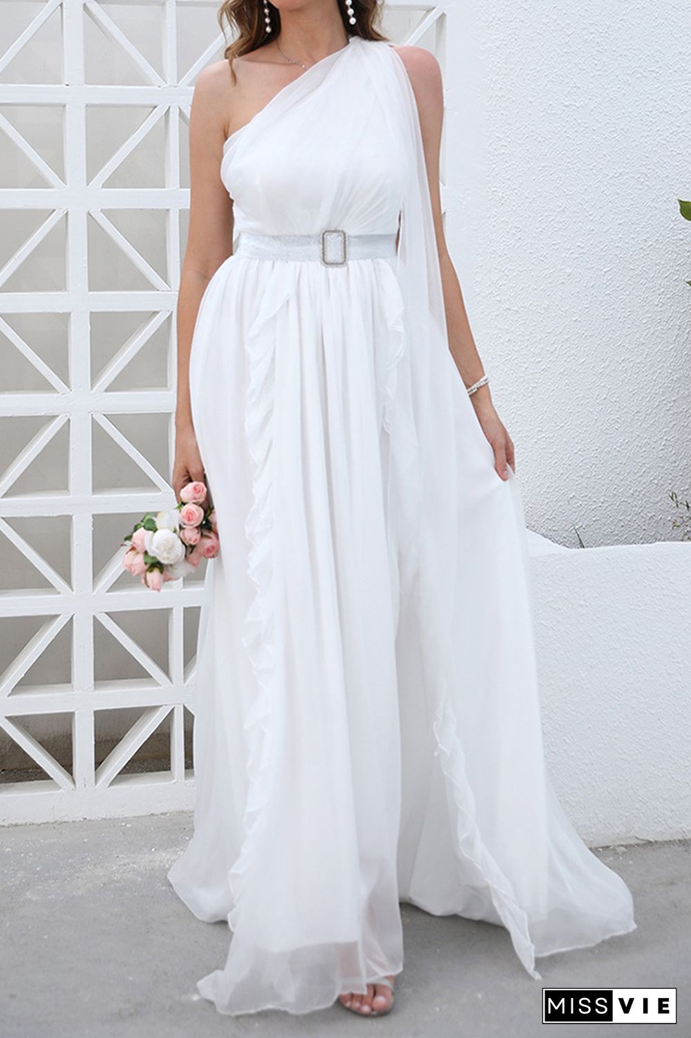 White One Shoulder Sleeveless Split Prom Dress