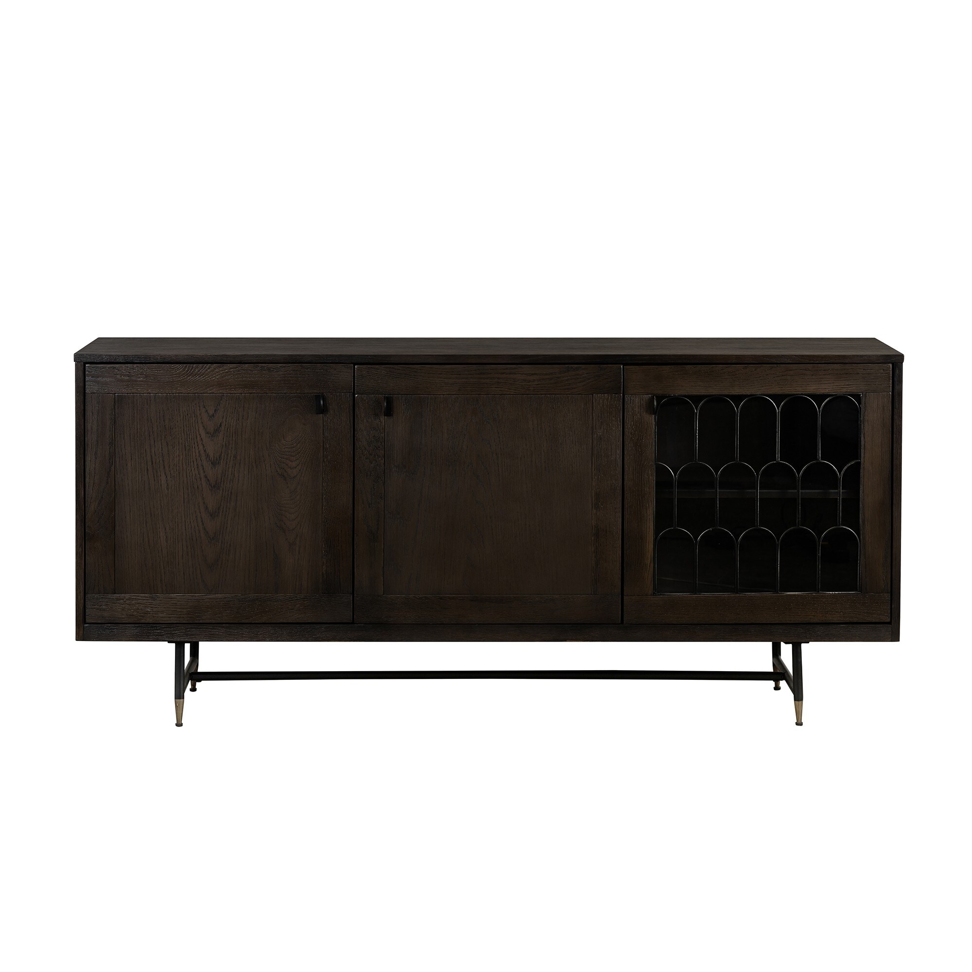 Wooden Buffet with Three Door Cabinets and Metal Base， Brown