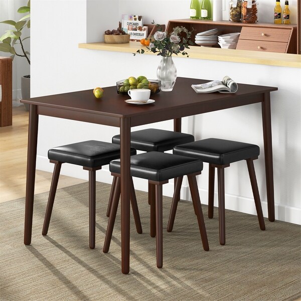 Gymax 5PCS Dining Table Set for 4 w/ 4 Upholstered Stools Rubber Wood