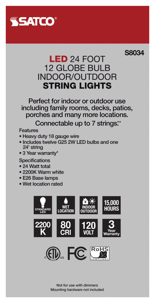 24Ft   LED String Light   Includes 12 G25 bulbs   2000K   120 Volts   Outdoor Rope And String Lights   by Satco Lighting  Houzz