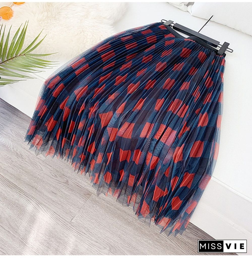 High Quality Green Red Long Plaid Tutu Tulle Skirt Women Fashion Elegant A Line High Waist Pleated Maxi Skirt Female Ladies Summer Spring Autumn