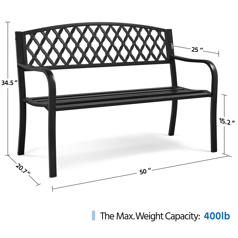 Yaheetech Patio Iron Metal Bench Outdoor Park Garden Bench with Mesh Back Slatted Seat for Yard Front Porch Path Lawn, Black