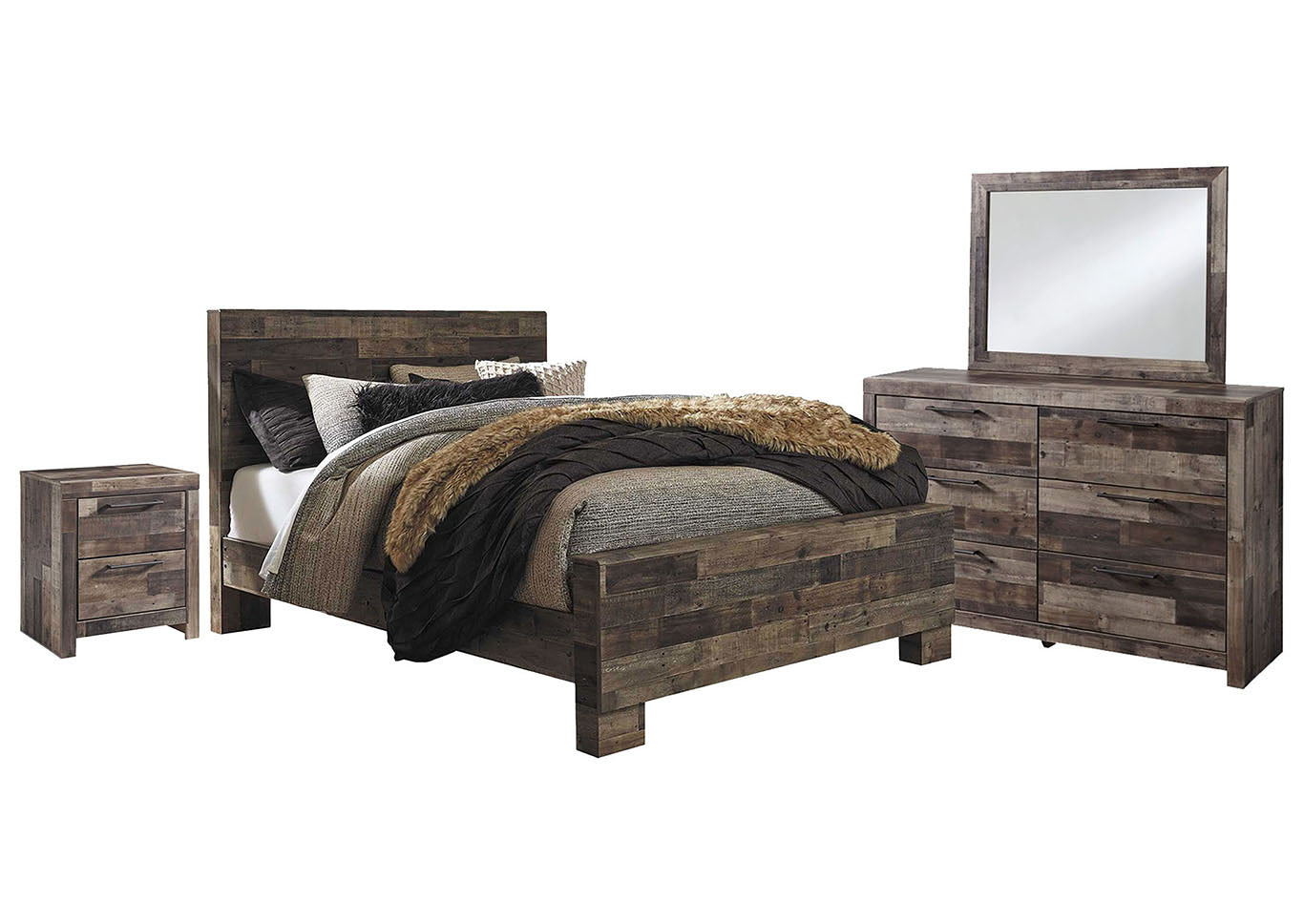 Derekson  King Bed with Dresser Mirror and Nightstand