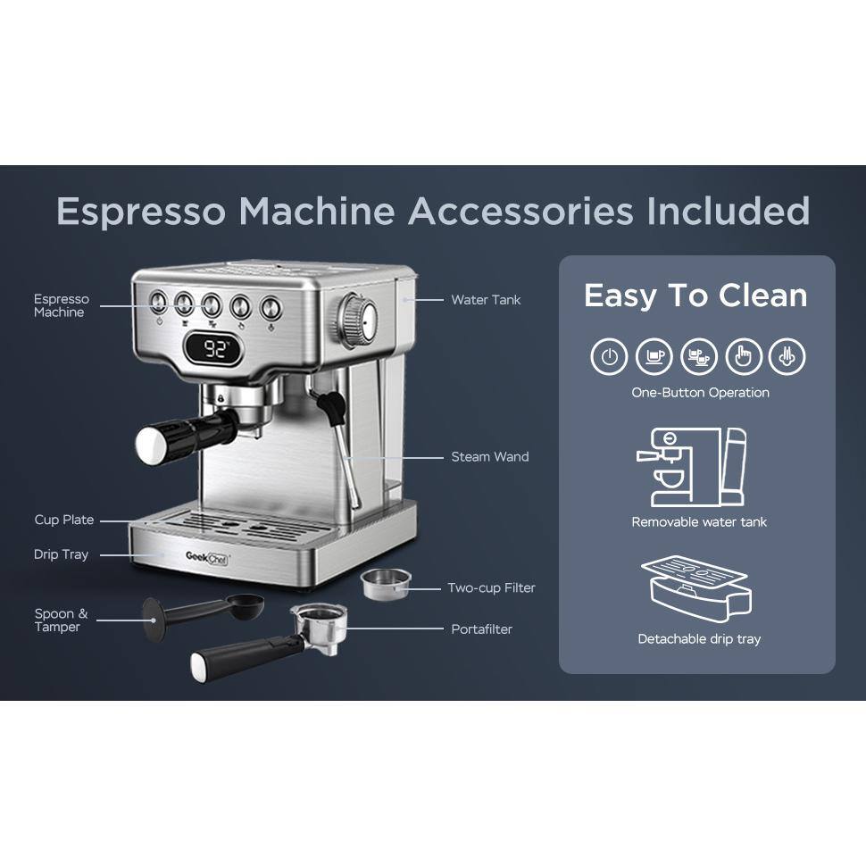 2- Cup Silver 20 Bar Espresso Machine with Milk Frother 1.8L Water Tank Stainless Steel ECF-20EGCF-GC