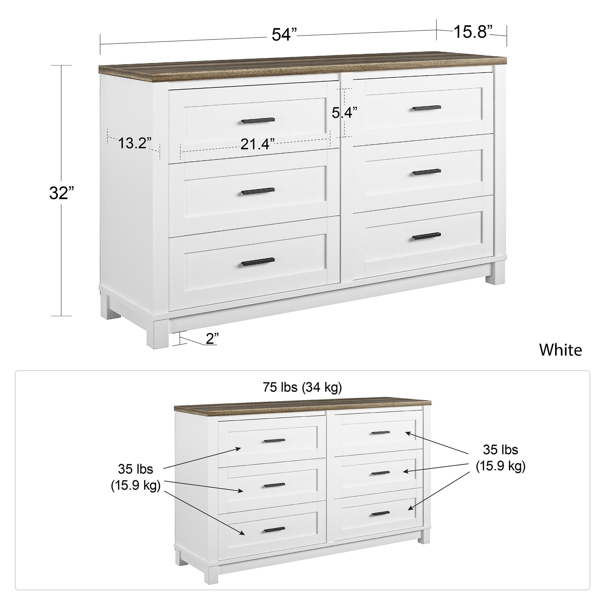 Ameriwood Home Bay Hills 6 Drawer Dresser, White